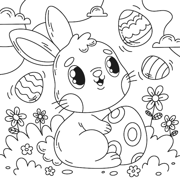 Hand drawn bunny coloring book illustration