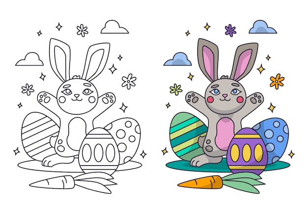 Hand drawn bunny coloring book illustration