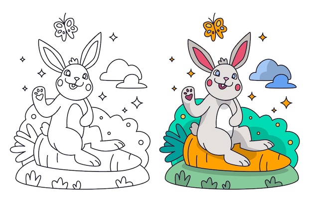 Hand drawn bunny coloring book illustration