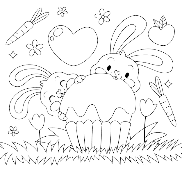 Hand drawn bunny coloring book illustration