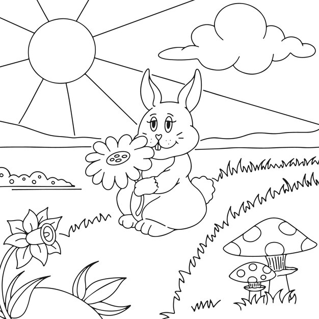 Hand drawn bunny coloring book illustration