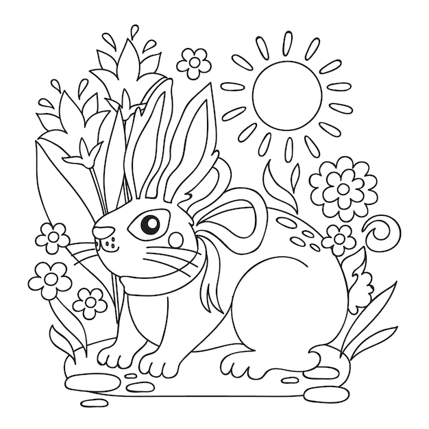 Hand drawn bunny  coloring book illustration