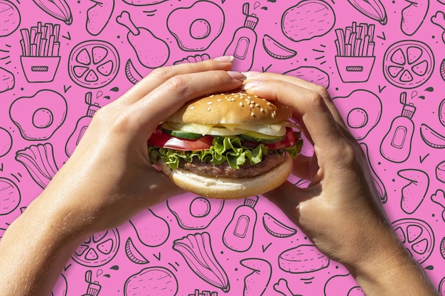 Free Vector hand drawn burger pattern background