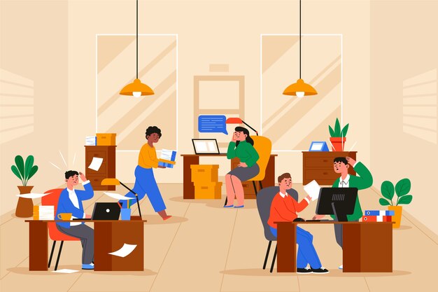 Hand drawn busy office illustration