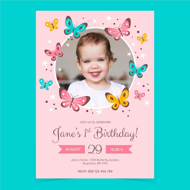 Hand drawn butterfly birthday invitation template with photo