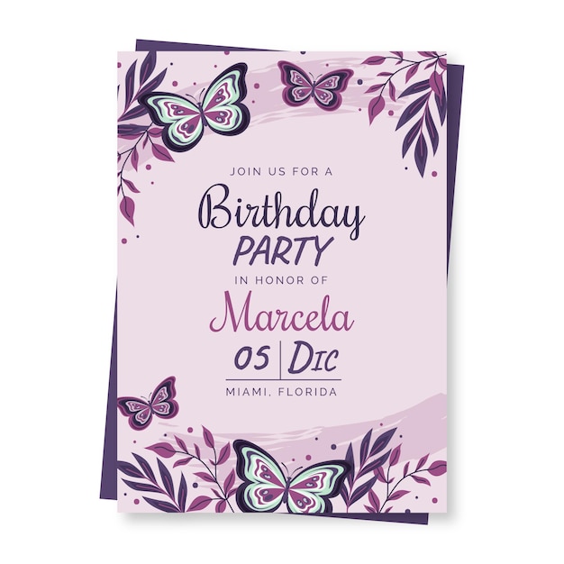 Hand drawn butterfly birthday invitation template