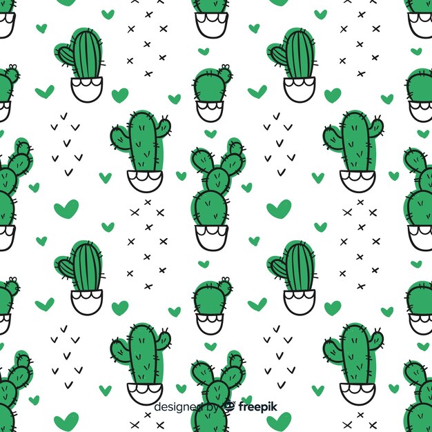 Hand drawn cactus and hearts pattern