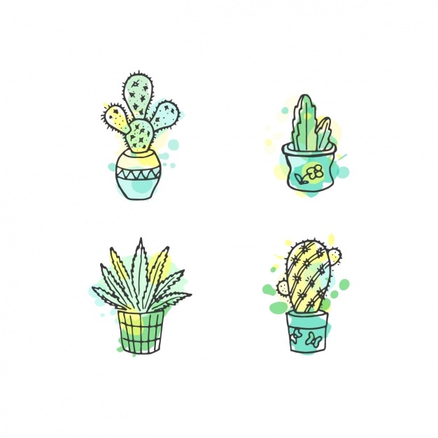 Free vector hand drawn cactus with watercolor collection