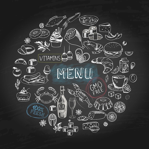 Free Vector hand drawn cafe menu round concept with burger cakes donuts meat seafood bottle of wine tea cup cheese sushi rolls sausage apple  illustration,