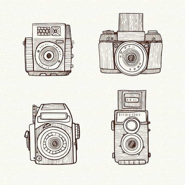 Free Vector hand drawn cameras with flash collection