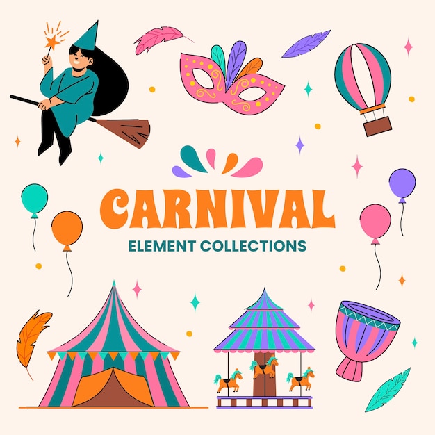 Hand drawn carnival celebration elements collection