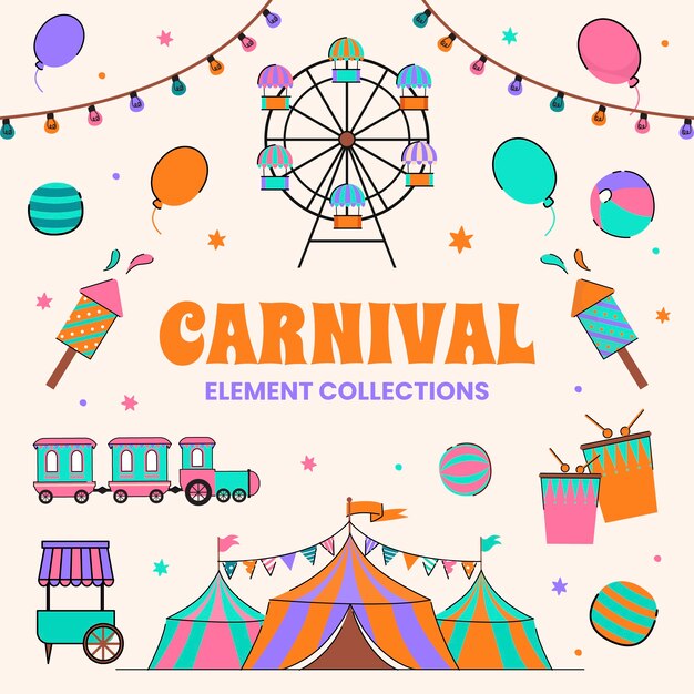 Hand drawn carnival celebration elements collection