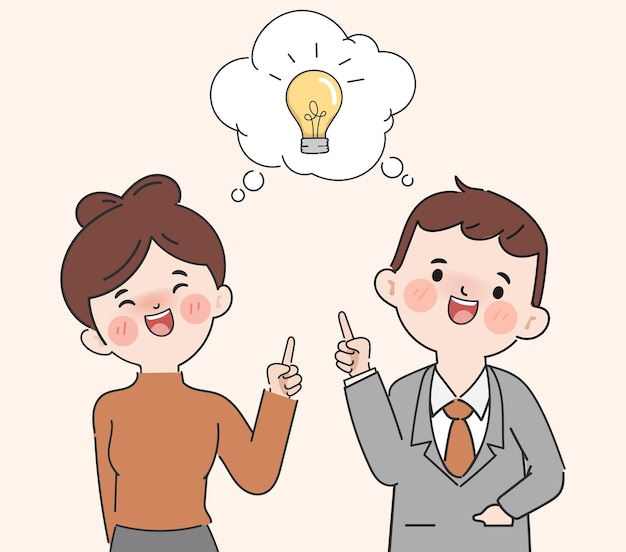 Hand drawn cartoon business people sharing ideas teamwork with lighbulb character