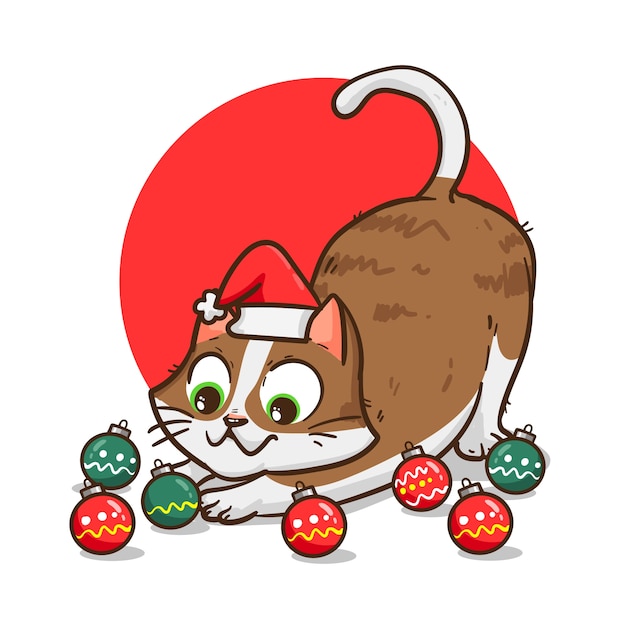 Hand drawn cartoon cat illustration for christmas season celebration