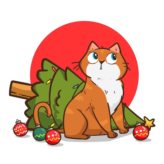 Hand drawn cartoon cat illustration for christmas season celebration