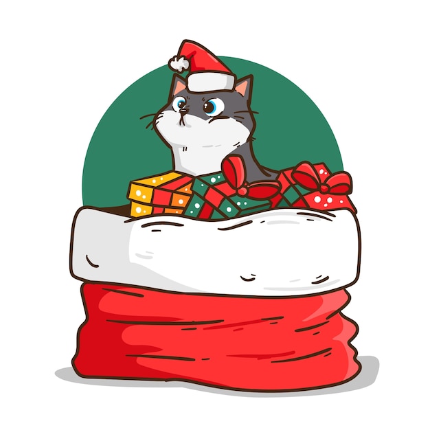 Hand drawn cartoon cat illustration for christmas season celebration