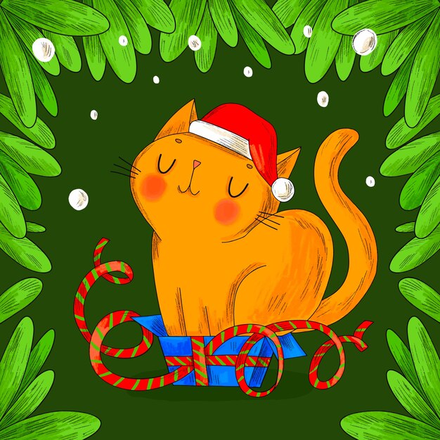 Hand drawn cartoon cat illustration for christmas season celebration