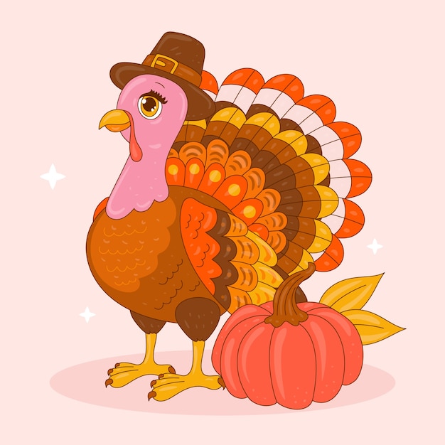 Free vector hand drawn cartoon character illustration for thanksgiving with turkey and pumpkin