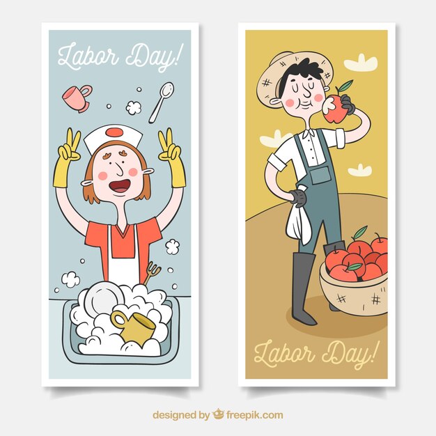 Hand drawn cartoon characters on labor day's banners