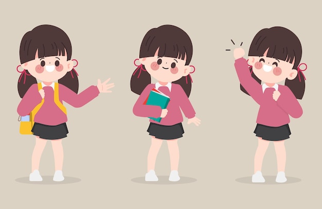 Hand drawn cartoon girl in student character. Back to school people vector design.