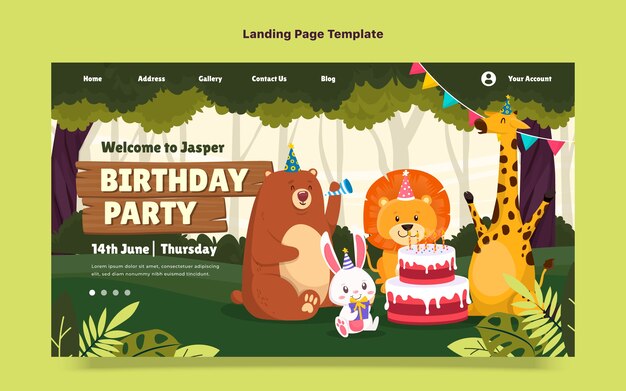 Hand drawn cartoon jungle birthday party landing page template