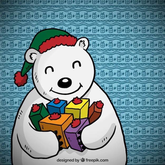 Free Vector hand drawn cartoon polar bear with gifts