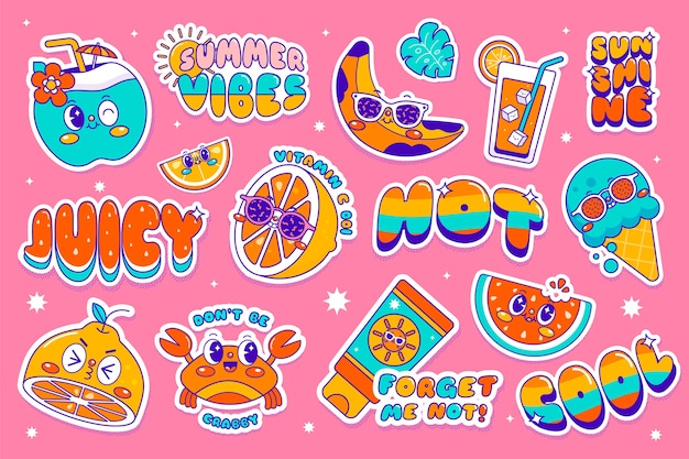 Hand drawn cartoon summer sticker set