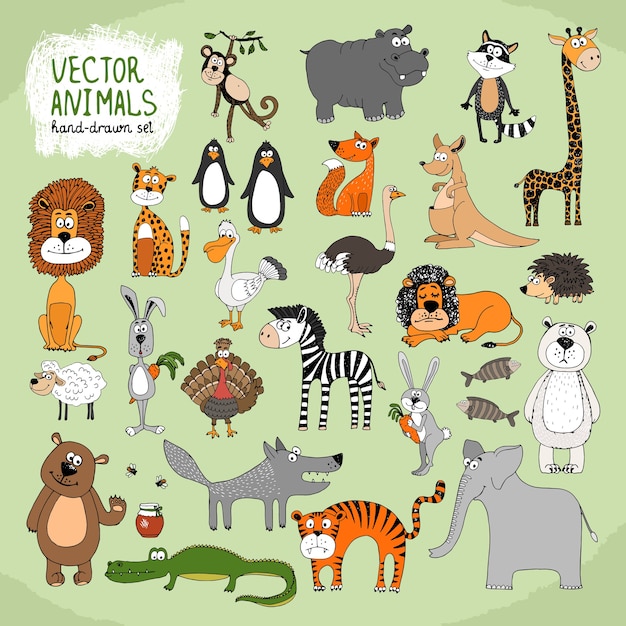 Hand-drawn cartoon wild animals collection