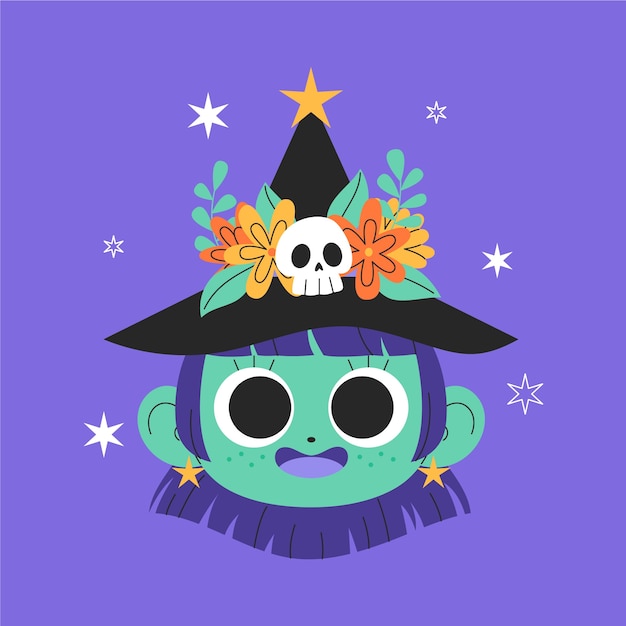 Hand drawn cartoon witch face illustration