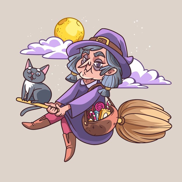 Hand drawn cartoon witch face illustration