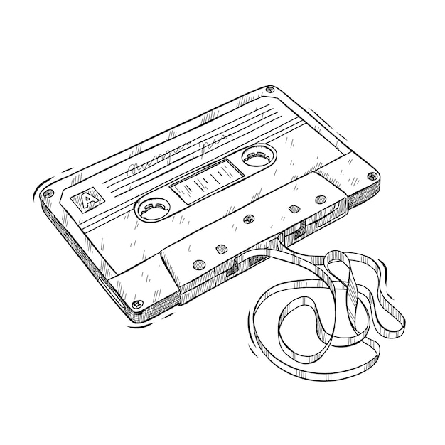 Hand drawn cassette tape outline illustration