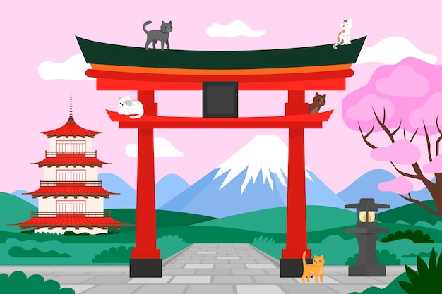 Free Vector hand drawn cats in japan illustration