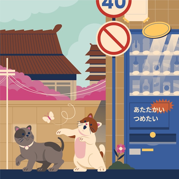 Hand drawn cats in japan illustration