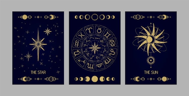 Hand drawn celestial cards set