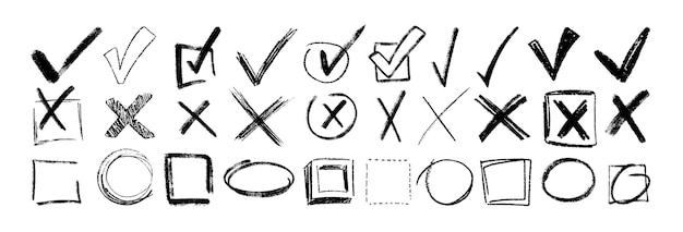 Free Vector hand drawn chalk pencil check marks charcoal checklist icons crayon tick and crosses symbols