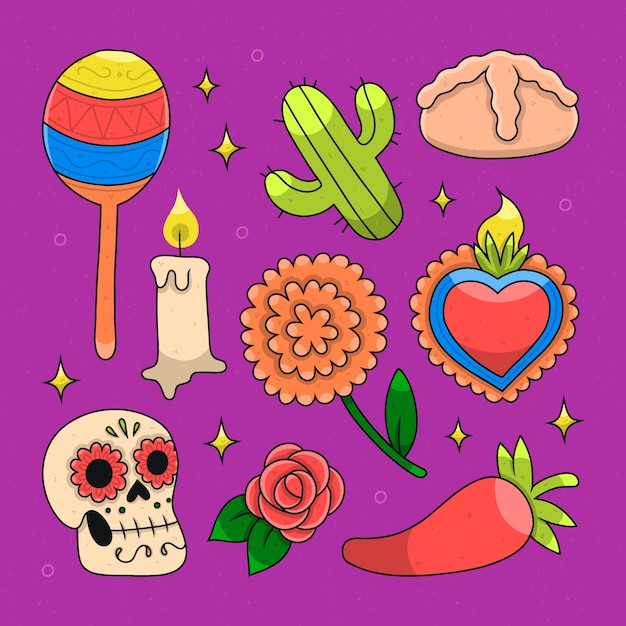 Free Vector hand drawn character elements collection for dia de muertos celebration