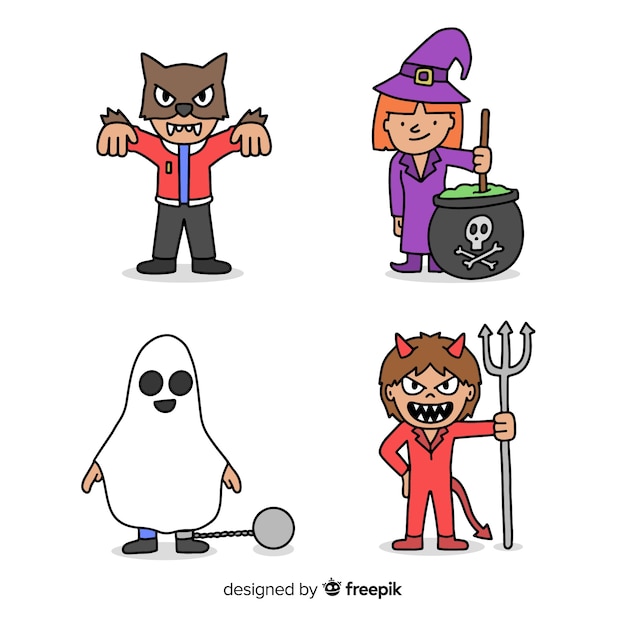 Free Vector hand drawn character halloween child costumes 