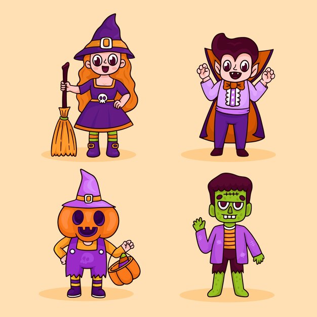 Hand drawn character illustrations collection for halloween season celebration