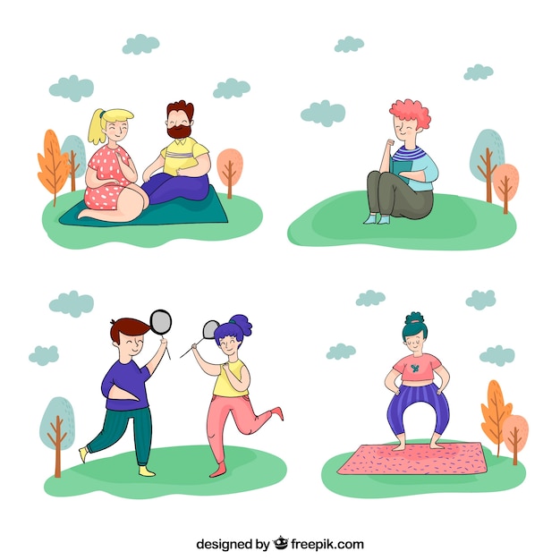 Hand drawn characters doing open air leisure activities