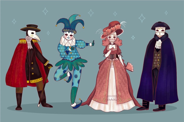 Free Vector hand drawn characters wearing venetian carnival costumes