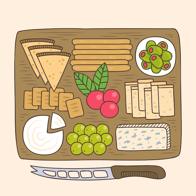 Free Vector hand drawn cheese meal on wooden board