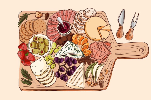 Hand drawn cheeseboard illustration