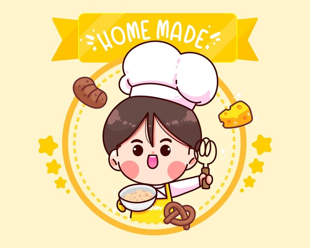 Hand drawn chef and bakery logo cartoon art illustration