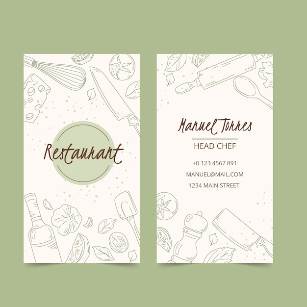 Hand drawn chef job vertical business card