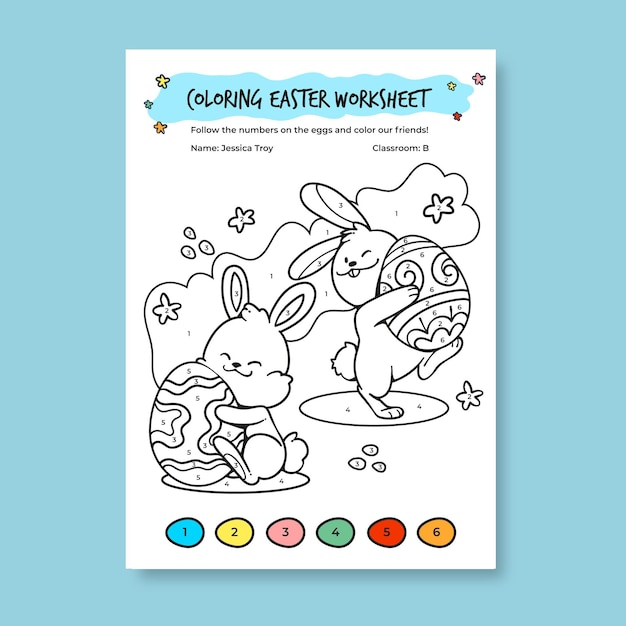 Hand drawn child-like coloring by numbers easter worksheet template