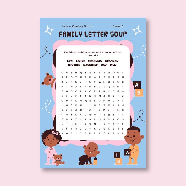 Hand drawn child-like letter soup family worksheet