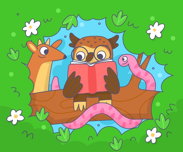 Free vector hand drawn childlike animals reading illustration