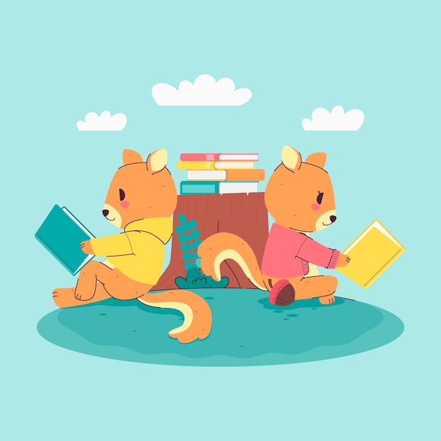 Free Vector hand drawn childlike animals reading illustration