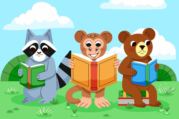 Hand drawn childlike animals reading illustration