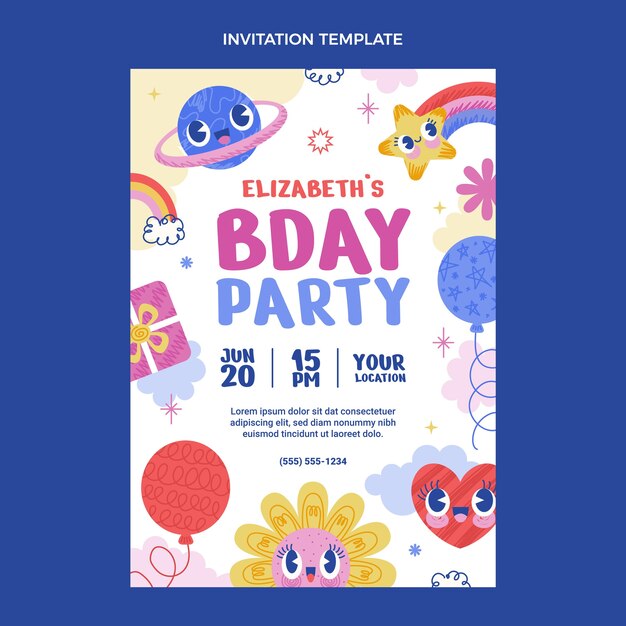 Hand drawn childlike birthday invitation template